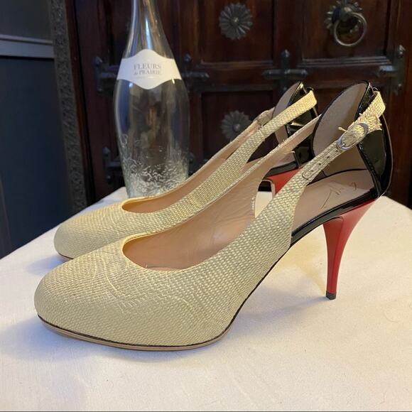 Giuseppe Zanotti shoes size 9 patent leather slingback black red heals raffia